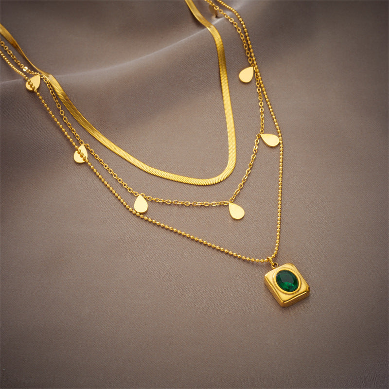 Vintage Minimalist Titanium Steel Emerald Zircon Earrings and Necklace Set for Women with Snake Chain and Inlay Craftsmanship
