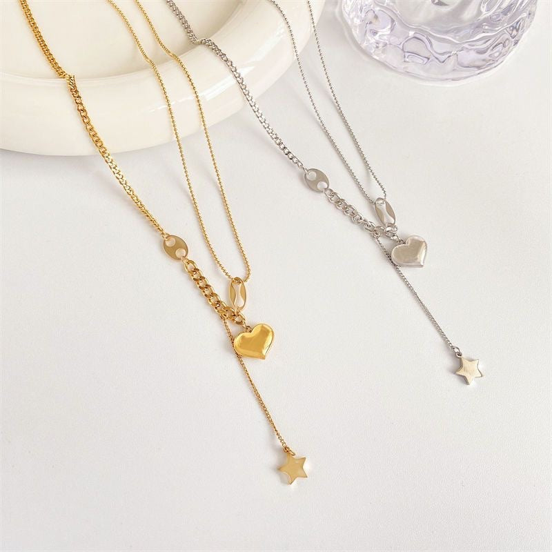 Hip-hop Titanium Steel Heart Star Pendant Necklace with Tassel for Women