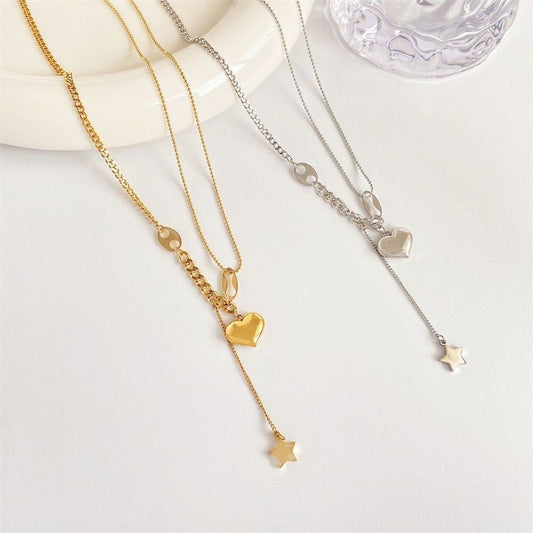Hip-hop Titanium Steel Heart Star Pendant Necklace with Tassel for Women
