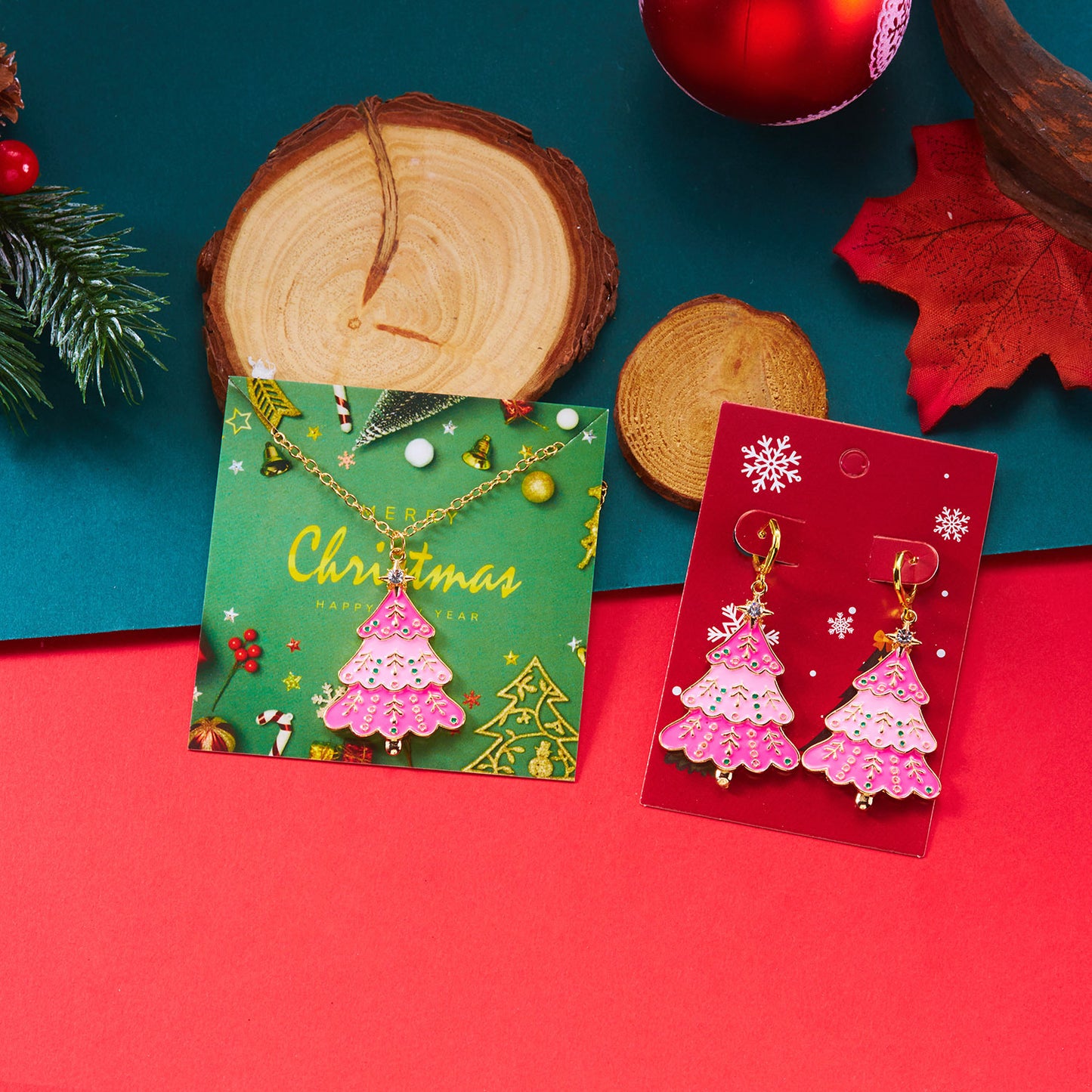 Conjunto de pendientes de muñeco de nieve con temática navideña y collar de árbol de Navidad rosa con diseño calado, aleación de zinc, acabado galvanizado, cadena tipo O, para mujer
