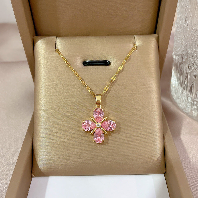 Minimalist Geometric Titanium Steel Necklace with Gold Plated Brass Pendant and Rhinestone Inlay
