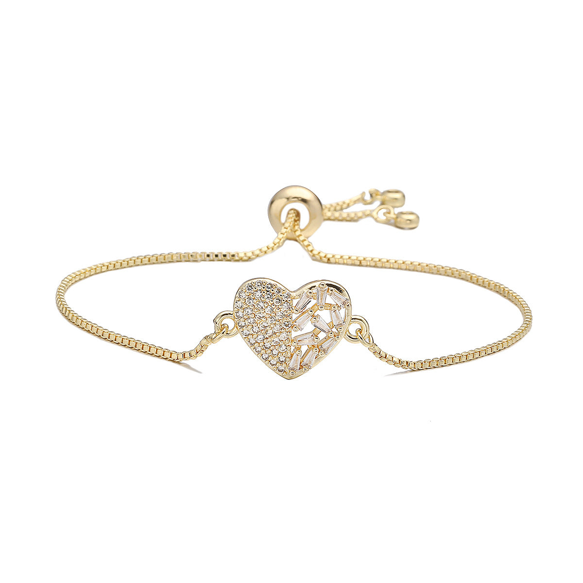 Minimalist Luxury 18K Gold Plated Brass Heart Bracelet with Cubic Zirconia for Women