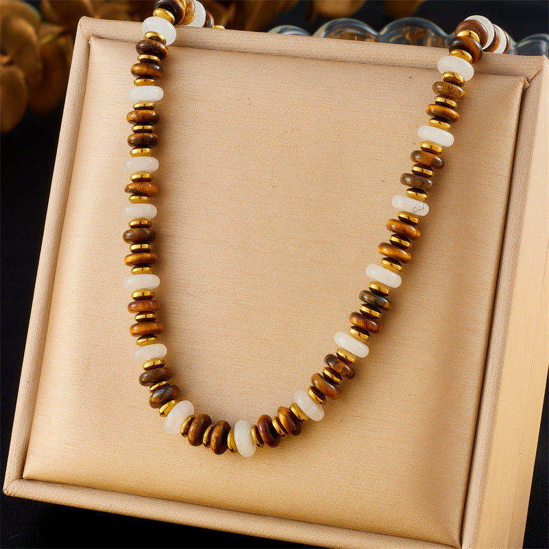 Vintage Resin Tiger Eye Agate Beaded Stainless Steel Plated Necklace and Bracelet Set for Women