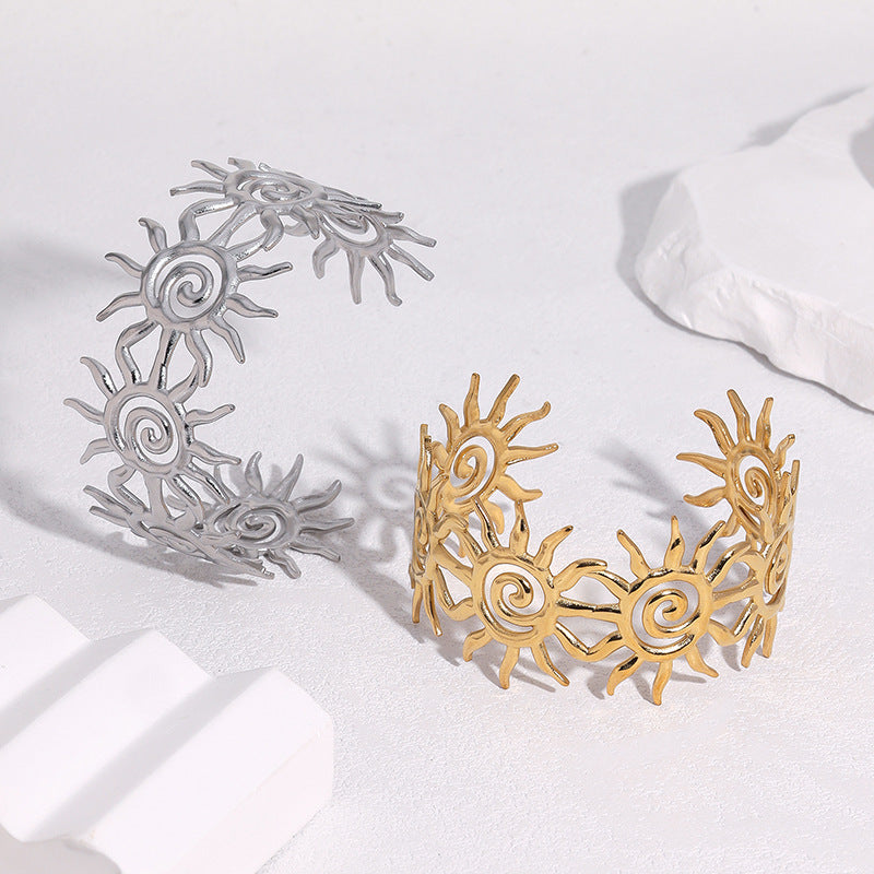Minimalist Luxury Gold Plated Stainless Steel Sun Design Open Cuff Bracelet
