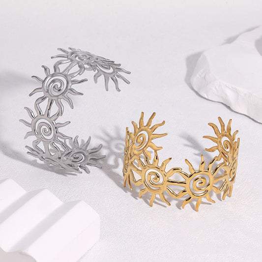 Minimalist Luxury Gold Plated Stainless Steel Sun Design Open Cuff Bracelet