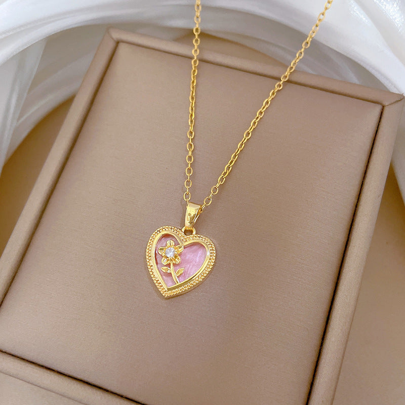 Encantador collar con colgante floral en forma de corazón para mujer, de acero inoxidable, minimalista, elegante, cadena para clavícula con detalles de diamantes de imitación