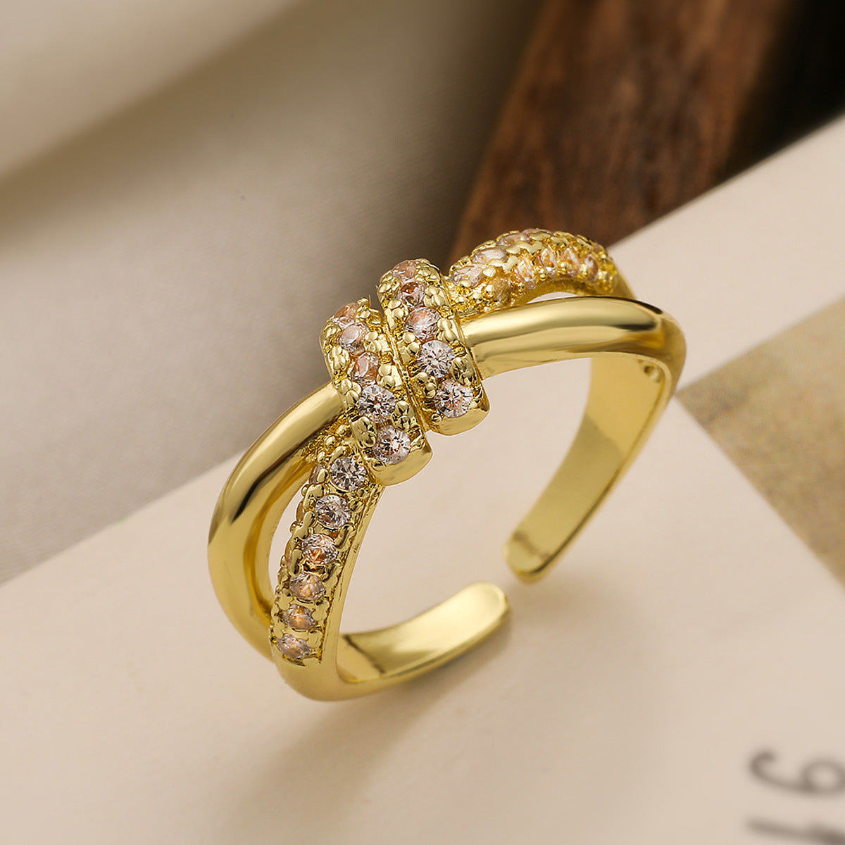 Minimalist Elegant 18K Gold Plated Brass Geometric Micro-Inlaid Cubic Zirconia Open Ring for Women