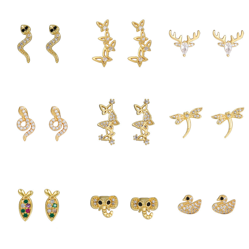 Vintage Sweet Butterfly Geometric Gold Plated Brass Stud Earrings with Cubic Zirconia