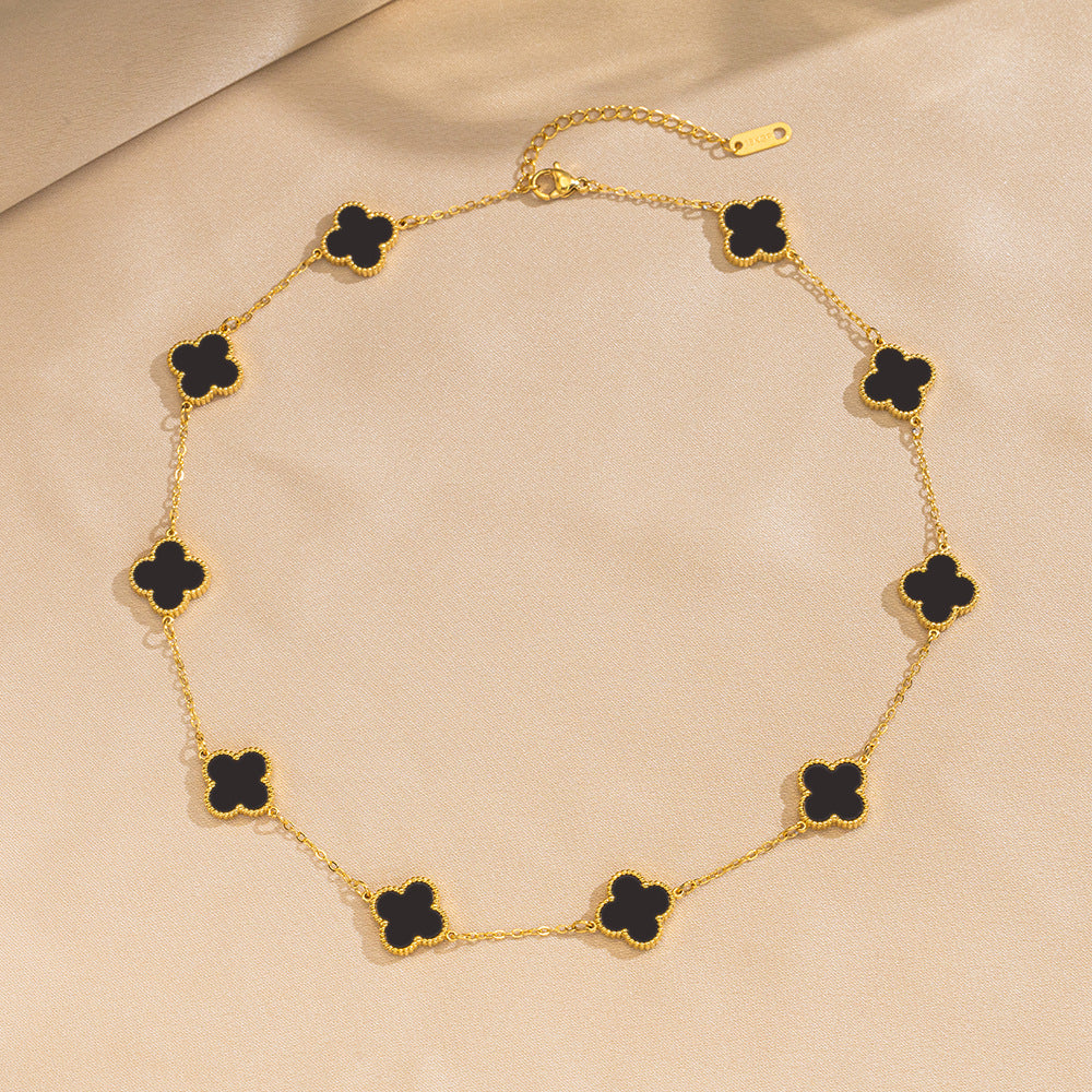 Luxury 18K Gold Plated Titanium Steel Four-Leaf Clover Double-Sided Shell Necklace for Women