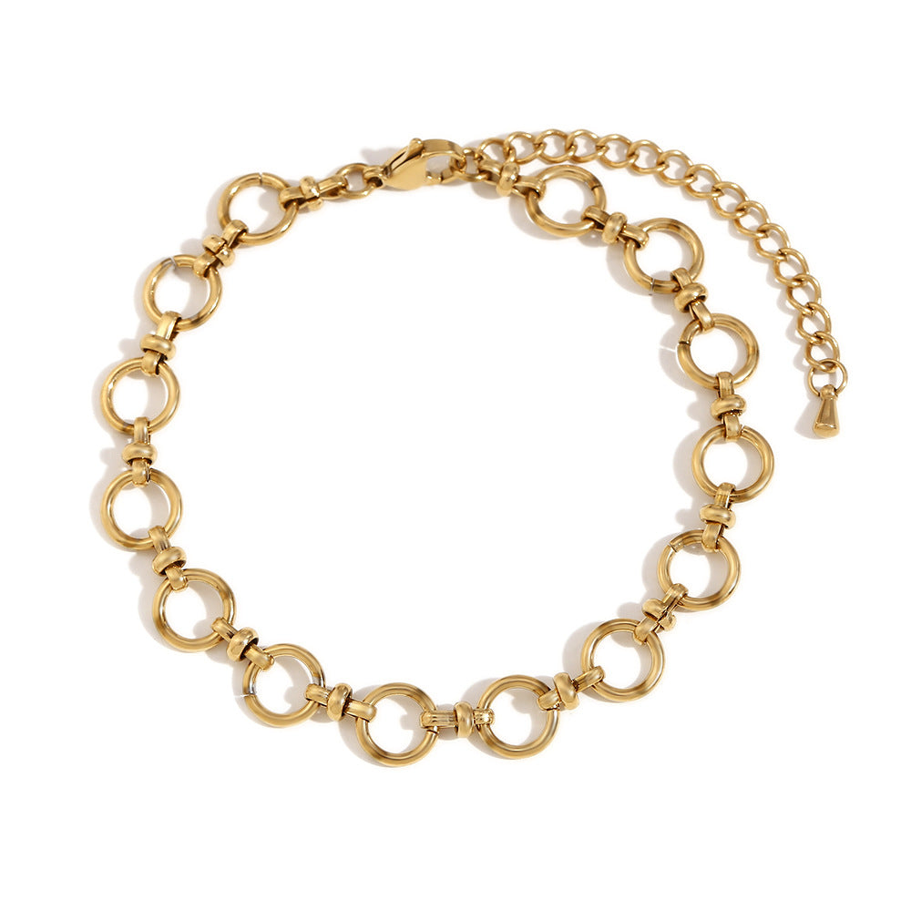 Tobillera minimalista geométrica de acero inoxidable con cadena redonda bañada en oro de 14 quilates y broche de cruz para mujer