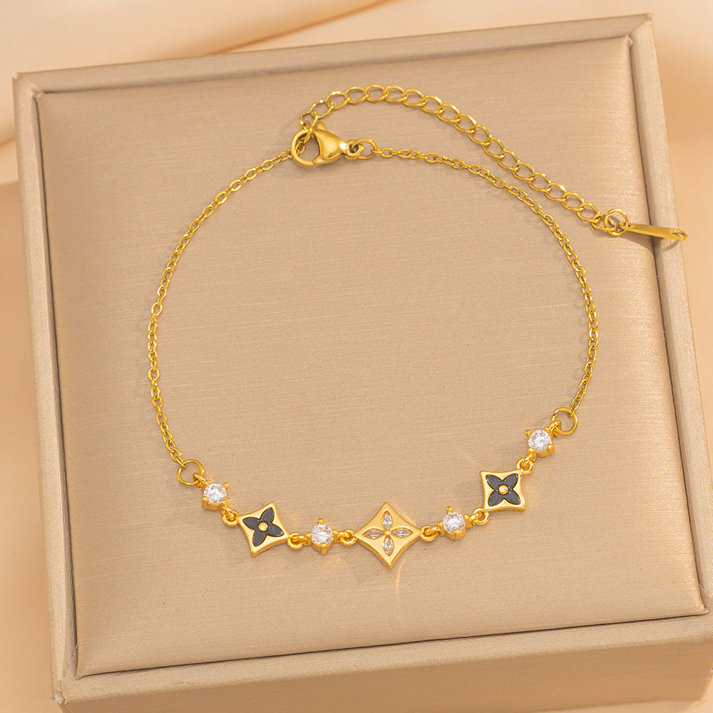 Light Luxury Floral-Shaped Titanium Steel Bracelet with Rhinestone Inlay for Women, Minimalist Elegant Design Suitable for All Occasions