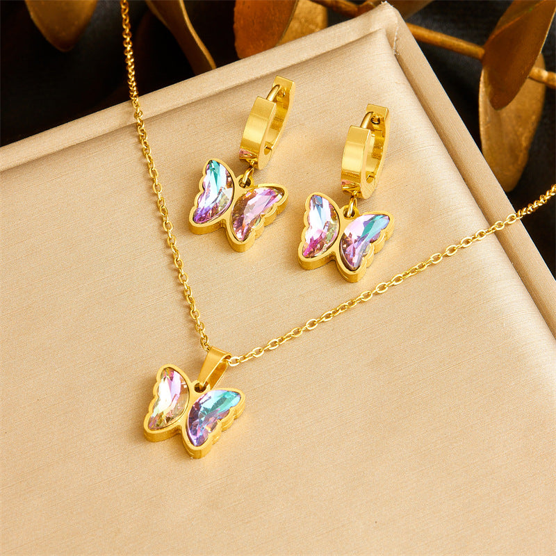 Fashion Plated Stainless Steel Butterfly Rhinestone Necklace and Earrings Set for Women