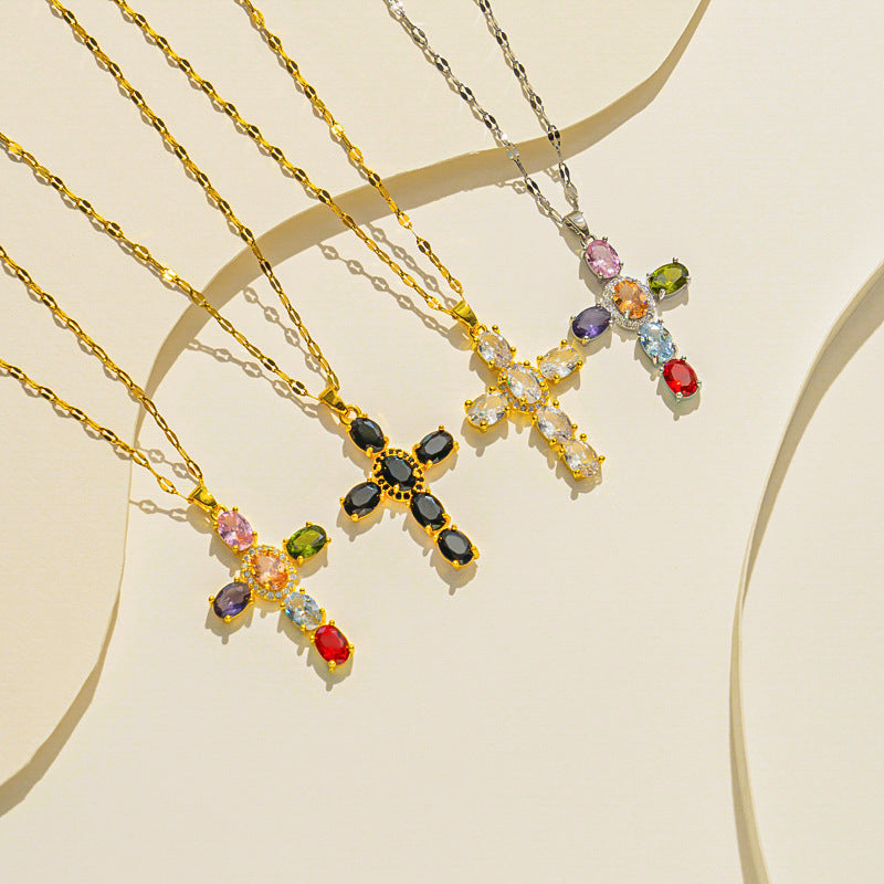 Minimalist Cross Pendant Necklace in Titanium Steel with Plated Finish for Women