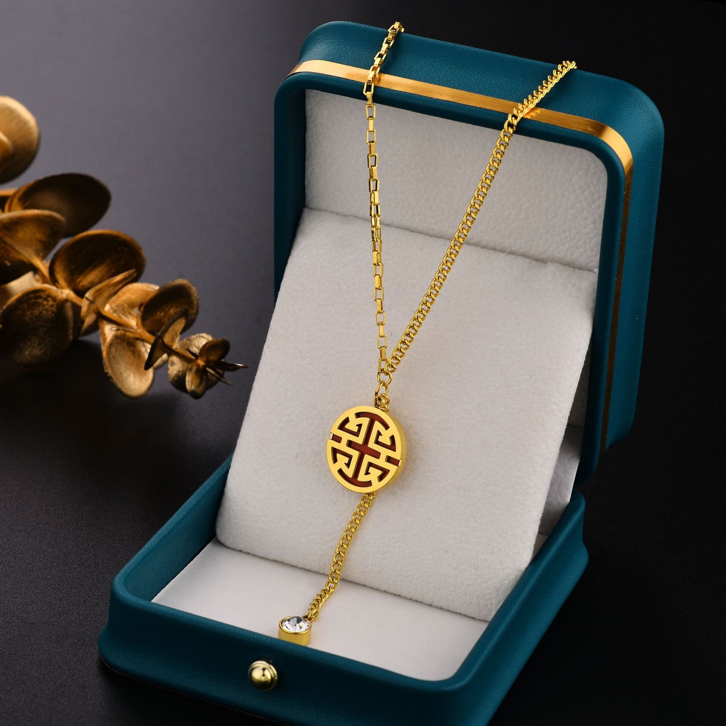 Minimalist Geometric Titanium Steel Lock Pendant Necklace with 18K Gold Plating and Red Enamel Accent for Women