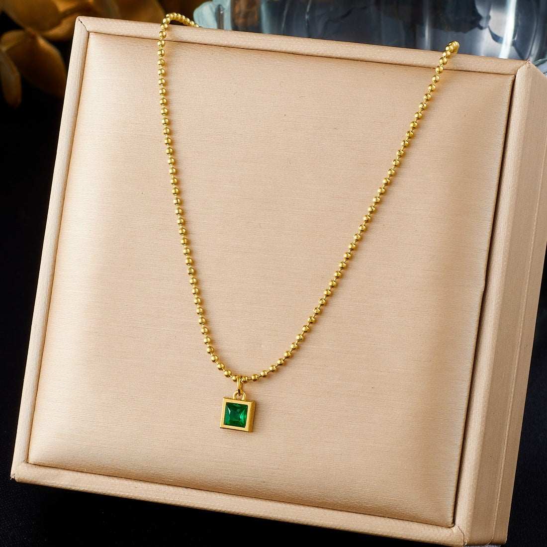 Vintage Gold Plated Square Geometric Cubic Zirconia Stainless Steel Ball Chain Necklace for Women