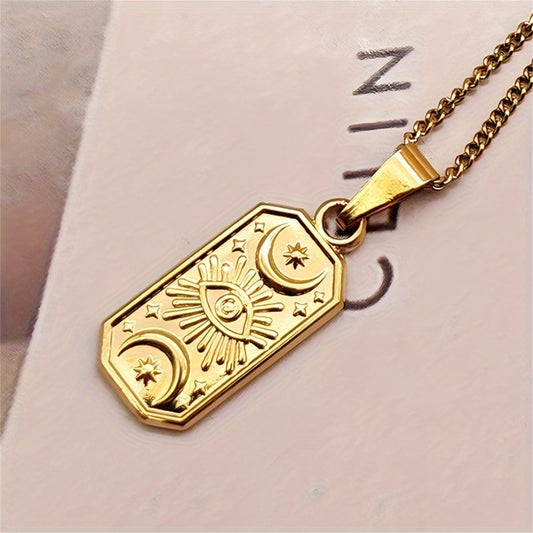 Minimalist Evil Eye Pendant Necklace in Stainless Steel with Vacuum Plating, Geometric Design