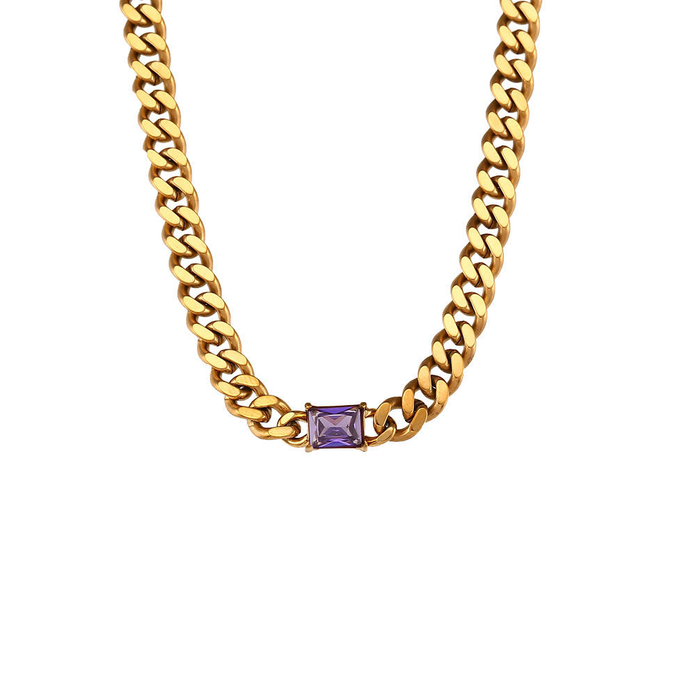Collana Minimalista Rettangolare con Zirconi su Catena Cubana in Acciaio Inossidabile per Donne