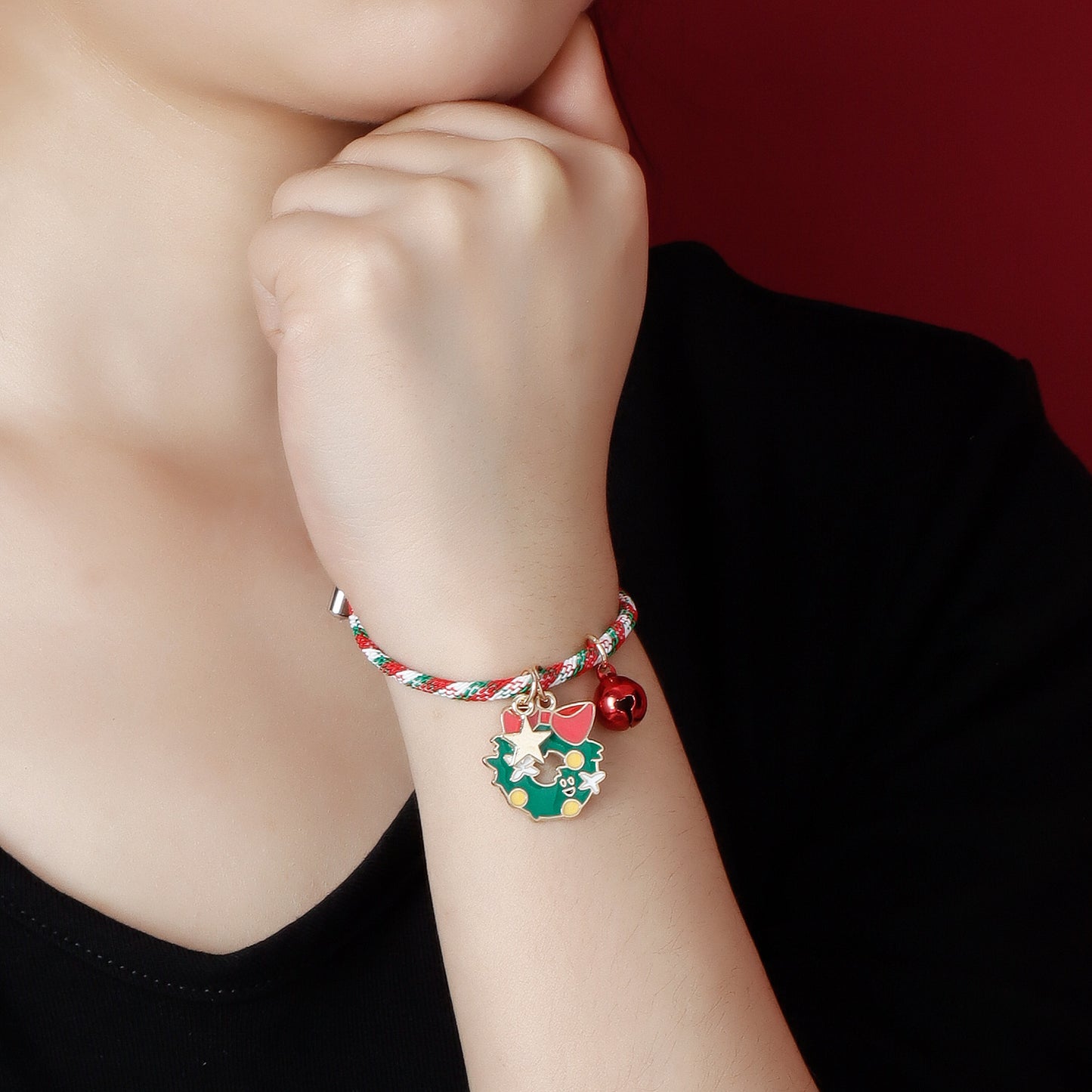 Minimalist Geometric Star and Bell Charm Bracelet with Woven Cord and Plated Finish for Christmas and Anniversary Gifting