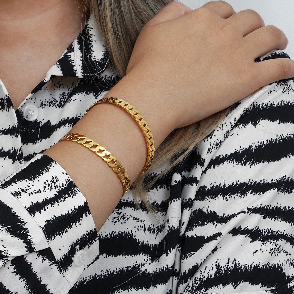 Bracciale da donna in acciaio inossidabile placcato oro 18 carati con doppia maglia e zirconi, in stile minimalista e ispirazione vintage