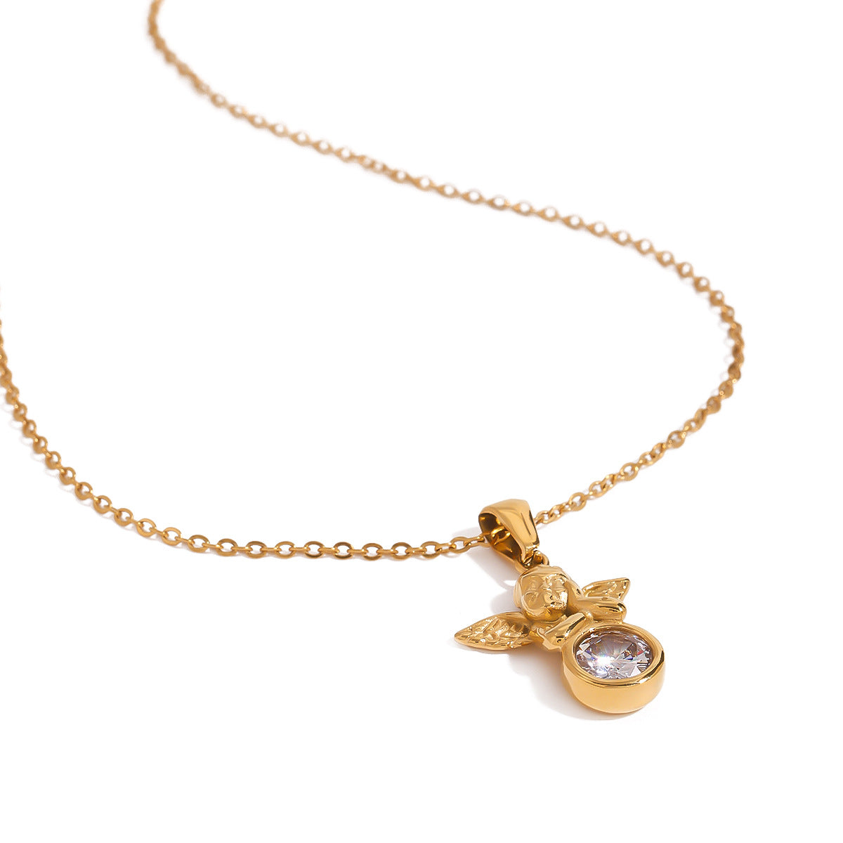 Elegante collana con ciondolo geometrico a forma di angelo in acciaio inossidabile con intarsi di strass e finitura placcata per donna