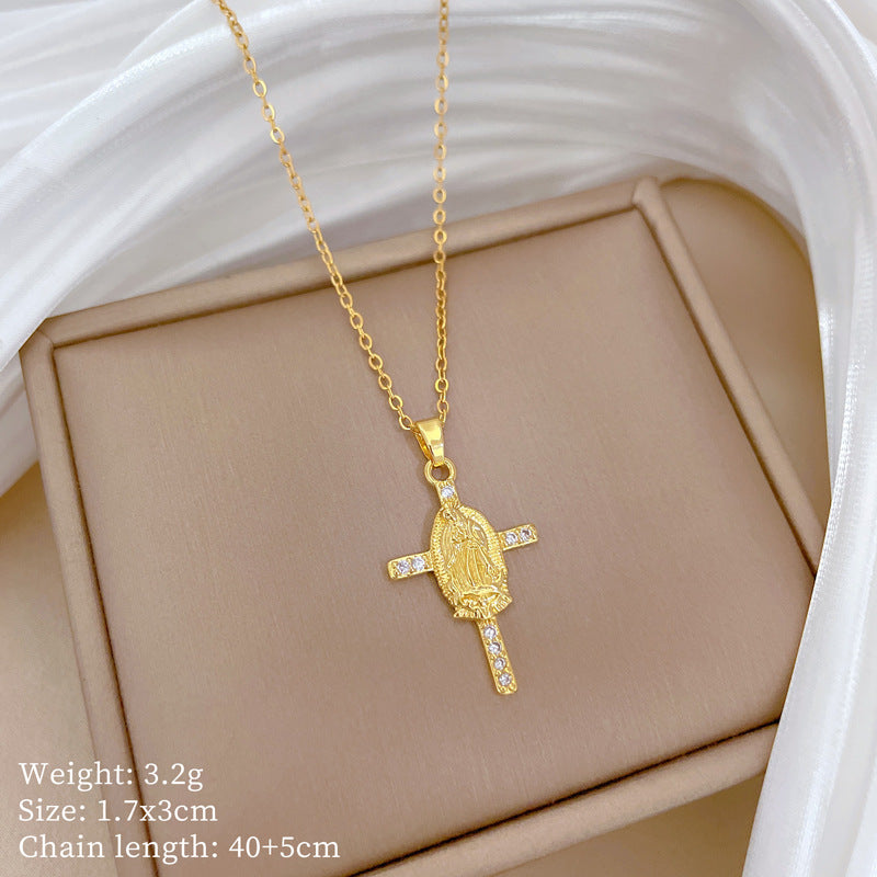 Luxury Full-Rhinestone Cross Pendant Necklace for Women and Men Titanium Steel Delicate Clavicle Chain with Geometric Design