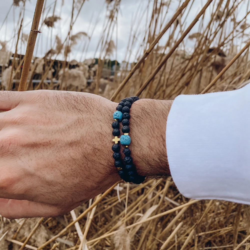 Bohemian Geometric Wood Bead and Turquoise Stretch Bracelet for Men and Women