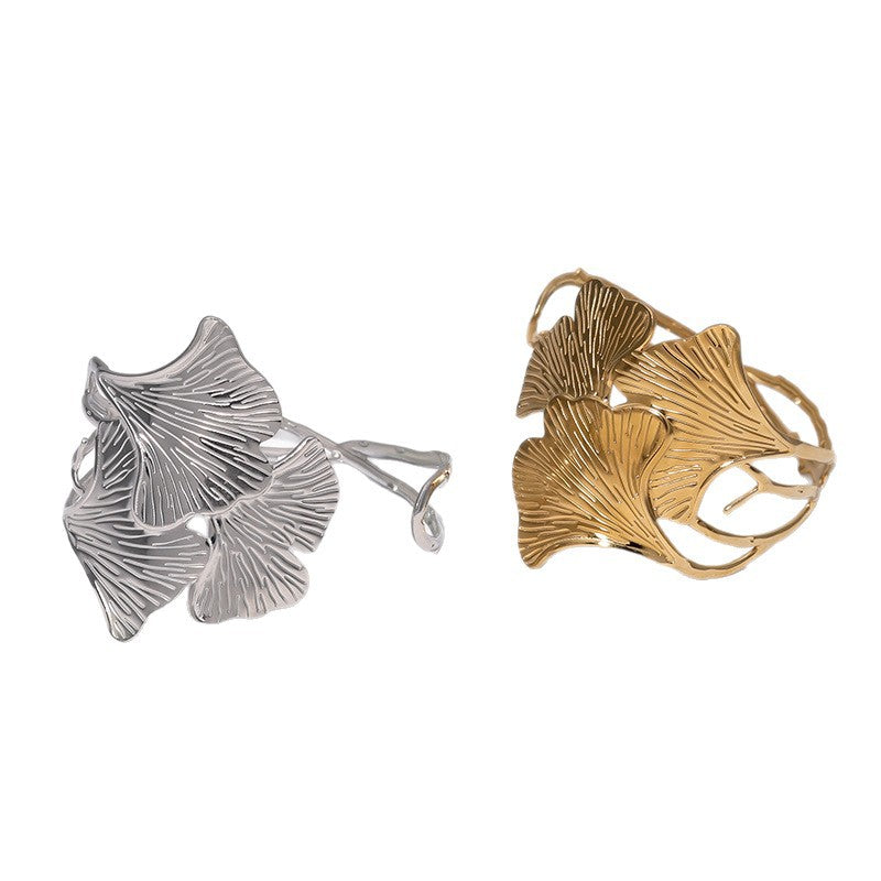 Minimalist Ginkgo Leaf Shaped Stainless Steel Bracelet with 18K Gold Plating for Women