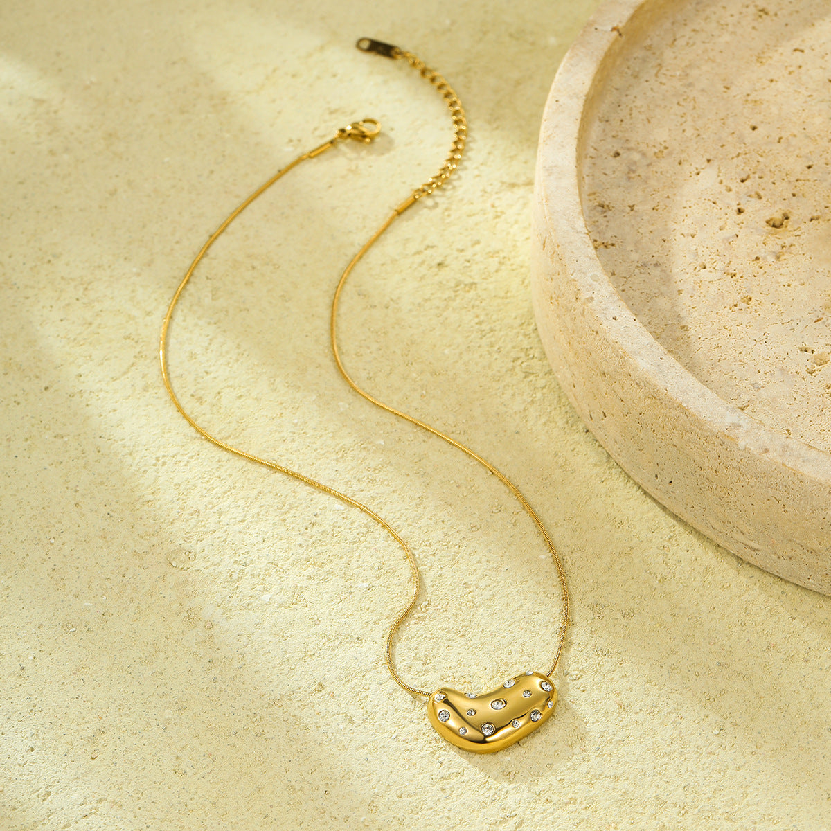 Minimalist Geometric Titanium Steel Snake Chain Necklace with 18K Gold Plated Heart Pendant and Colored Zircon Inlay