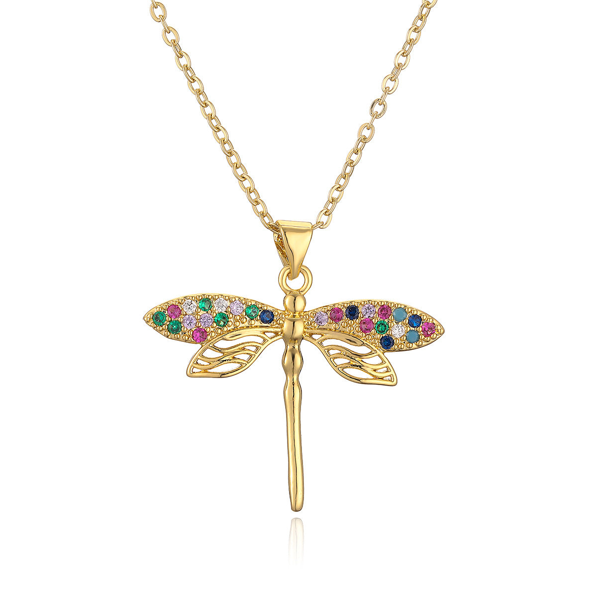 Minimalist Dragonfly Pendant Necklace for Women with Copper Base Plated in 18K Gold and Zircon Inlay