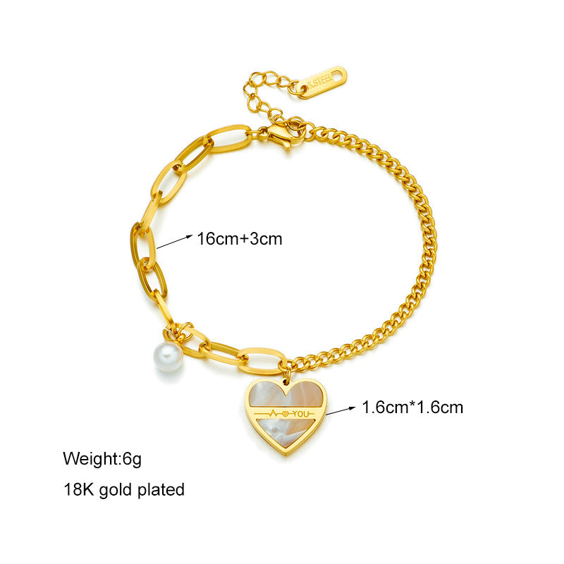 Pulsera de Corazón de Perlas Chapada en Acero de Titanio Asimétrica de Moda Vintage para Mujer