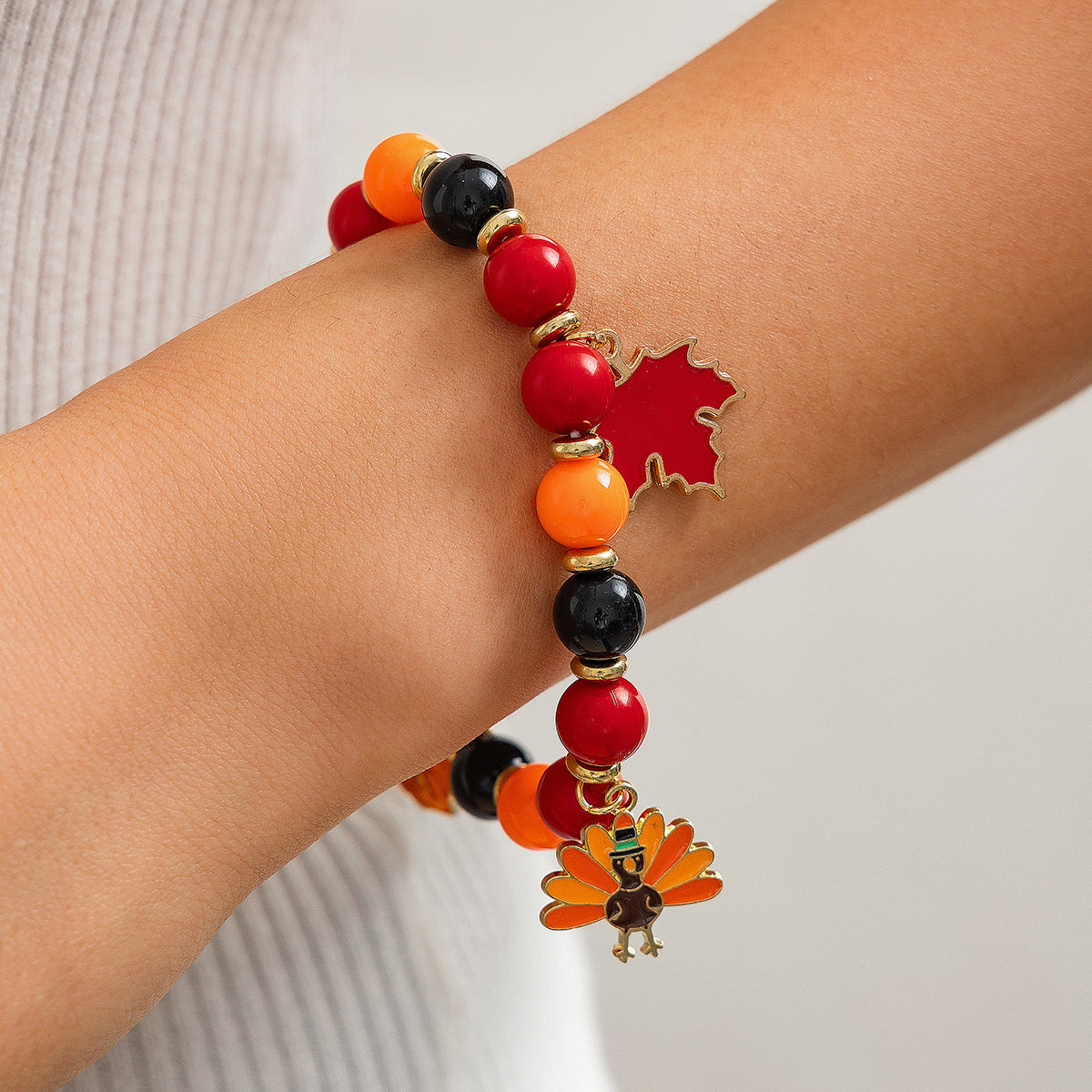 Plated Alloy Leaf Letter Acrylic Bead Bracelet for Women