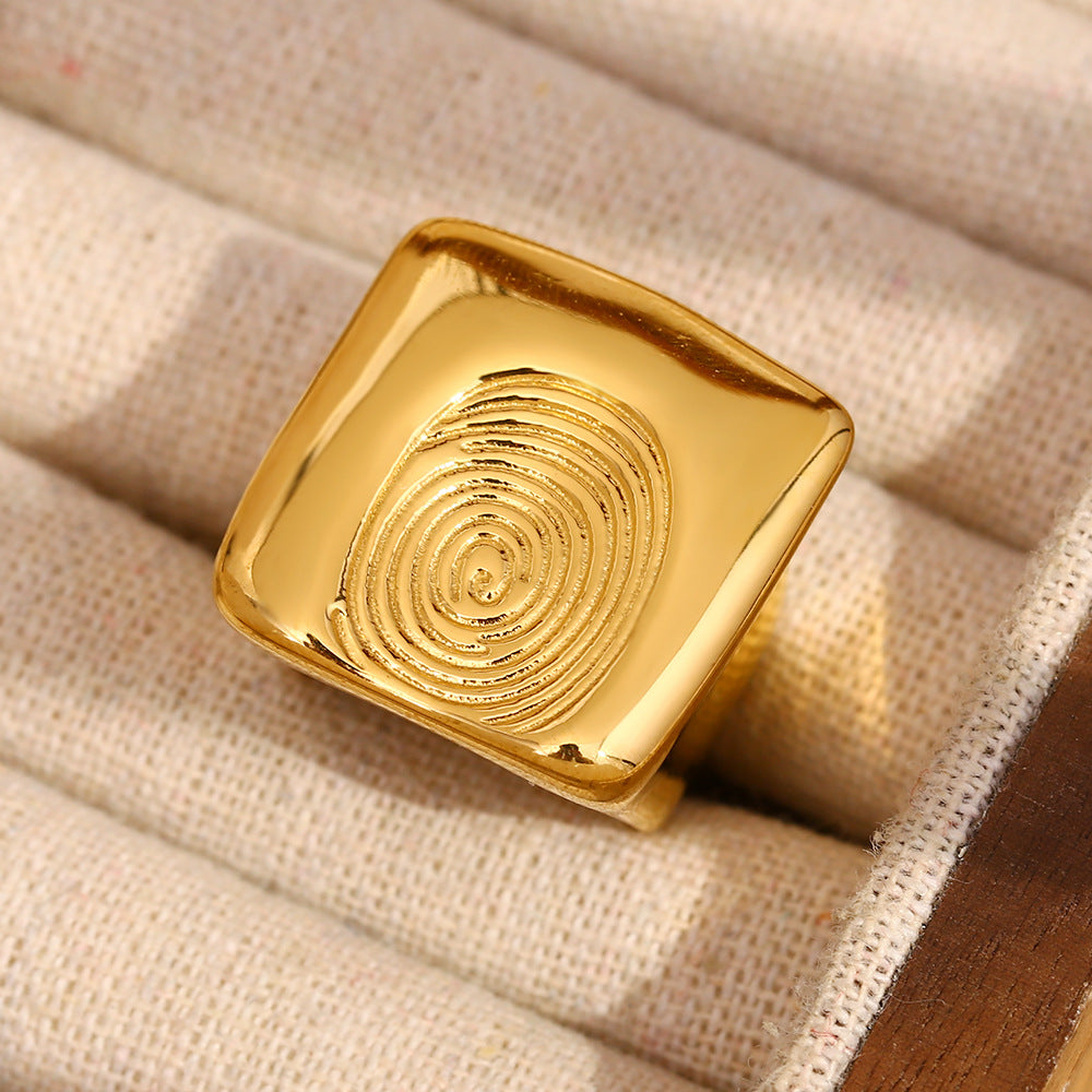 Geometric Square Finger Ring for Women Made of Stainless Steel with 18K Gold Plating, Fashionable Office-Appropriate Design Featuring Unique Fingerprint Detail
