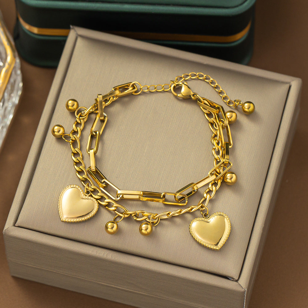 Sweet Minimalist Heart-Shaped Double-Layer Stainless Steel Bracelet with Plated Finish for Women