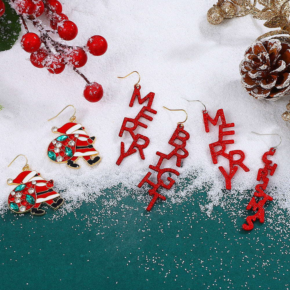 Orecchini a clip in lega a forma di Babbo Natale e lettera a tema natalizio, con finitura placcata, da donna