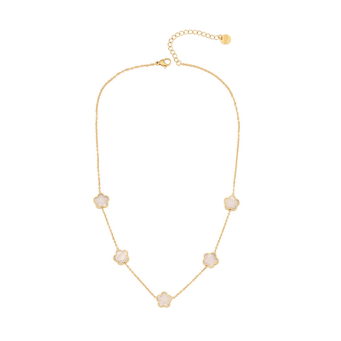Elegante collana a pendente floreale a cinque petali in acciaio inossidabile con intarsio in acciaio al titanio e finitura galvanica su catena O per donna