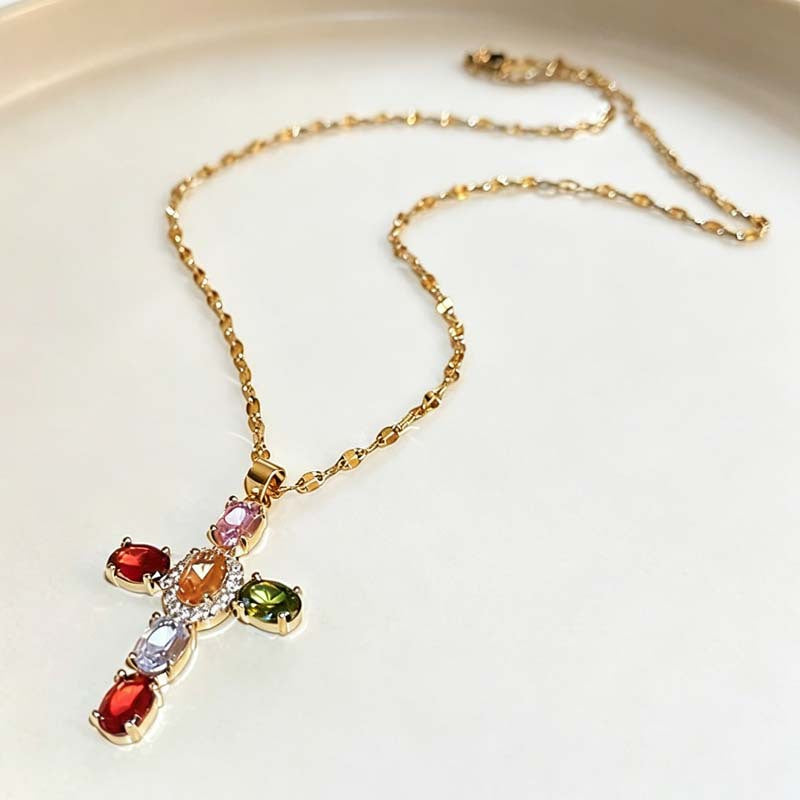 Sweet Colorful Cross Zinc Alloy Plated Necklace with Crystal Cubic Zirconia Inlay for Unisex