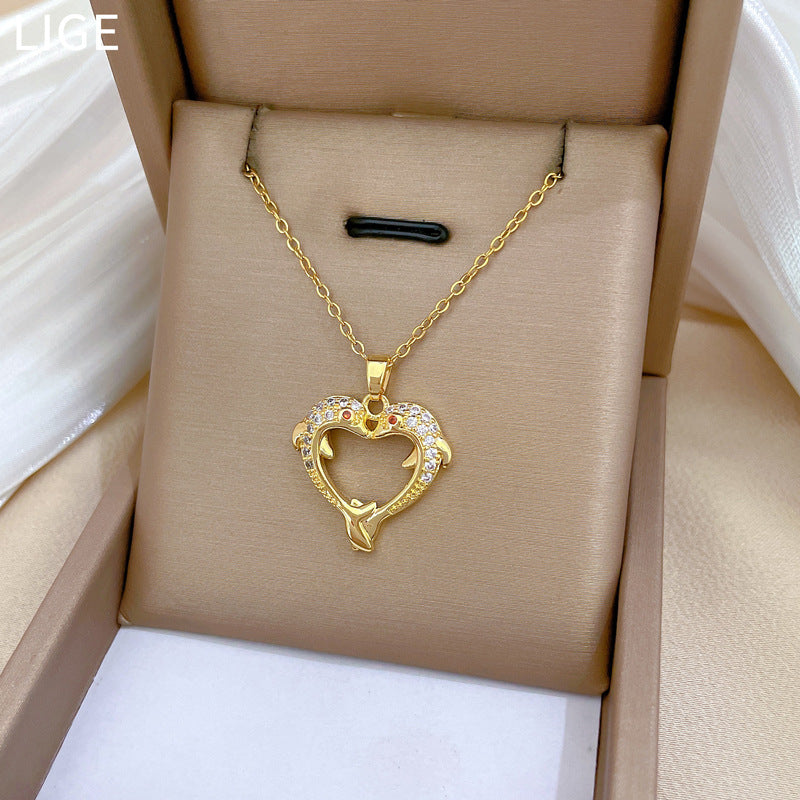 Minimalist Heart-Shaped Titanium Steel Necklace with Rhinestone Inlay for Women and Men, Delicate Clavicle Chain