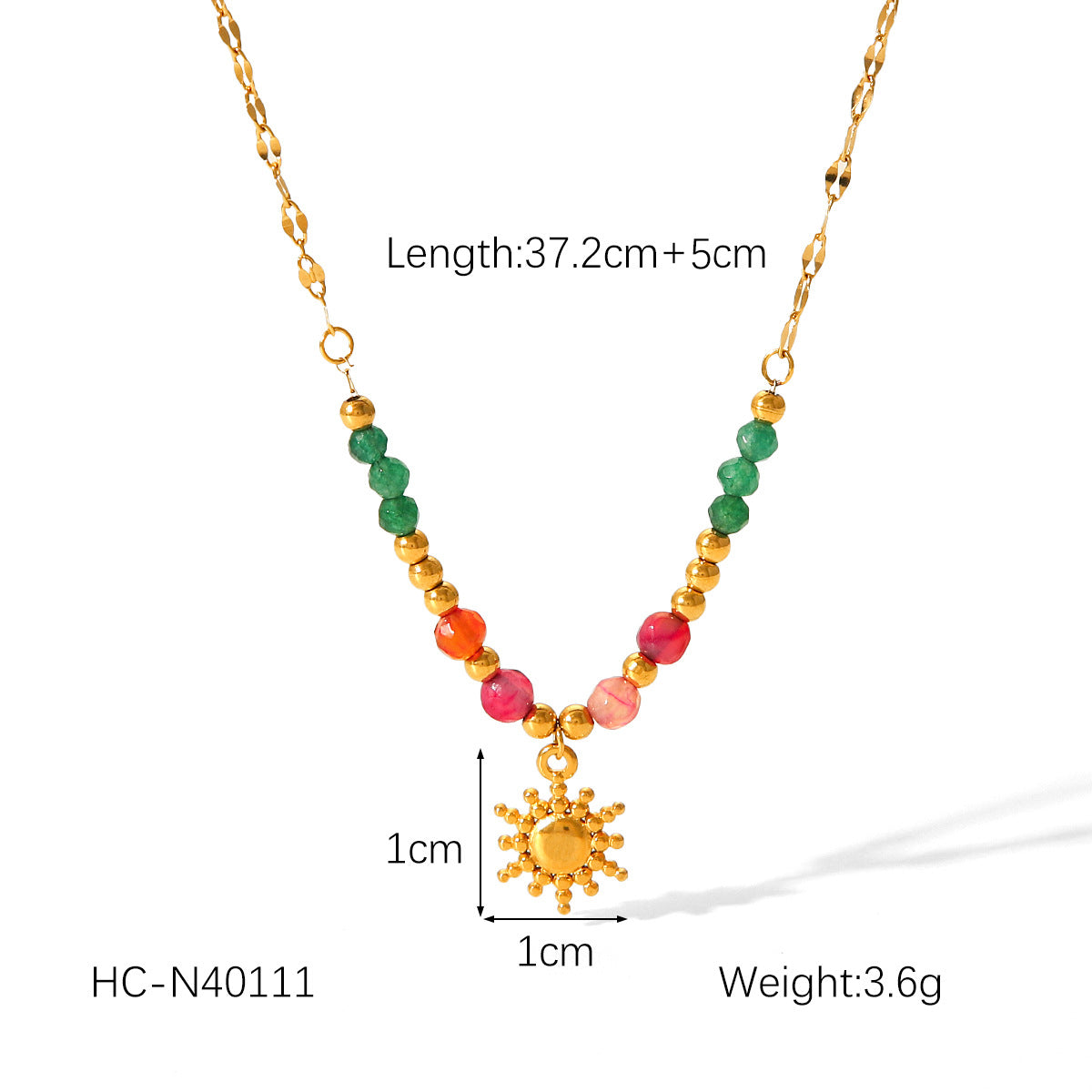 Vintage French Court Style 18K Gold Plated Stainless Steel Geometric Sun Pendant Necklace for Women with Natural Stone Beads