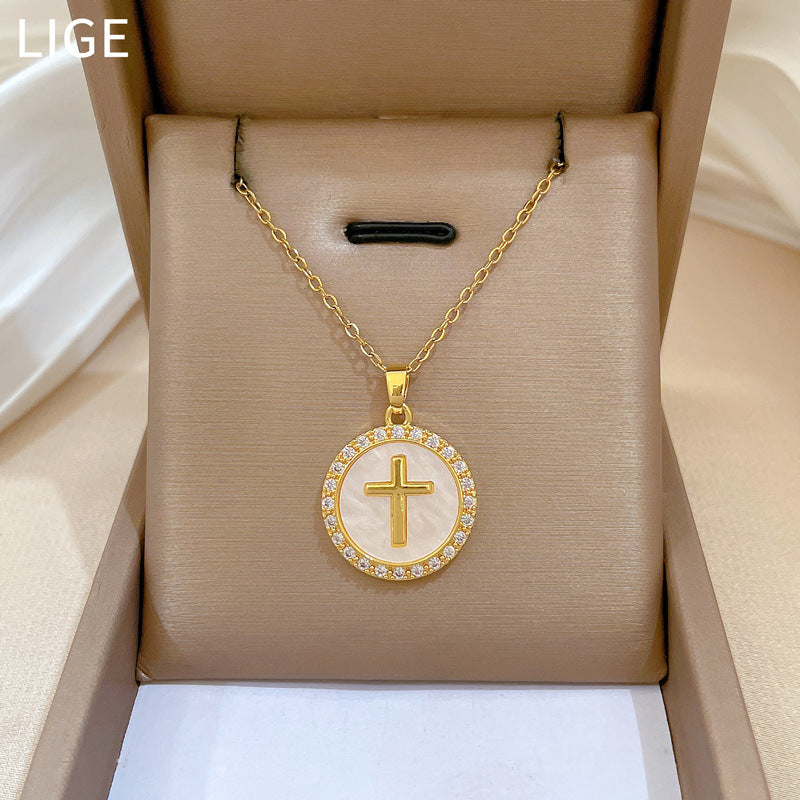 Collana girocollo minimalista con ciondolo a croce in acciaio inossidabile con intarsi in strass per uomo e donna