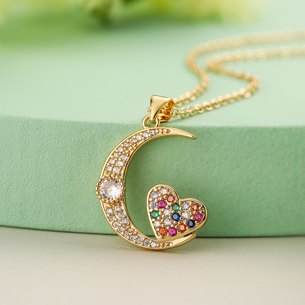 Collana con Ciondolo a Cuore Coniglio Lunare Minimalista da Donna in Rame con Placcatura in Oro 18K e Intarsi in Zirconi