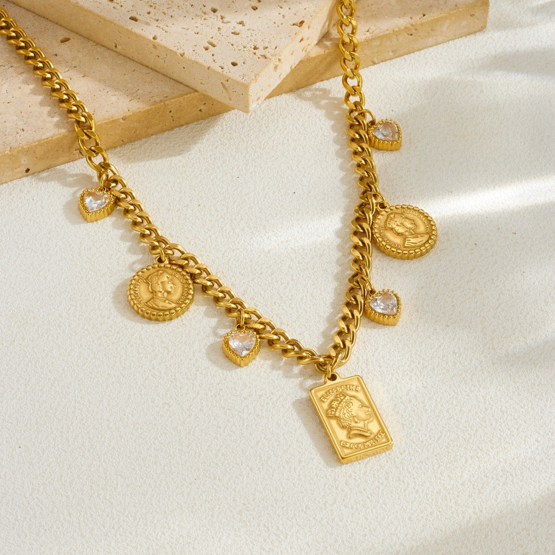 Vintage Gold Plated Geometric Heart Rhinestone Portrait Relief Pendant Necklace for Women
