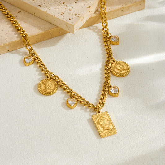 Vintage Gold Plated Geometric Heart Rhinestone Portrait Relief Pendant Necklace for Women
