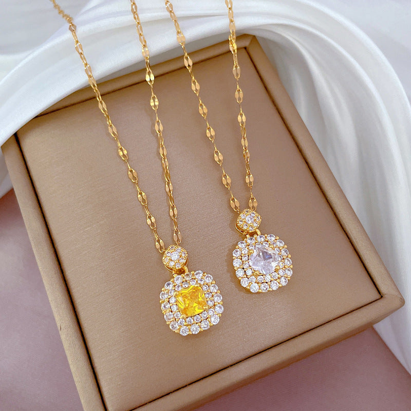 Elegant Geometric Pendant Necklace for Women in Stainless Steel with Micro-Pave Rhinestone Accents and Adjustable Chain
