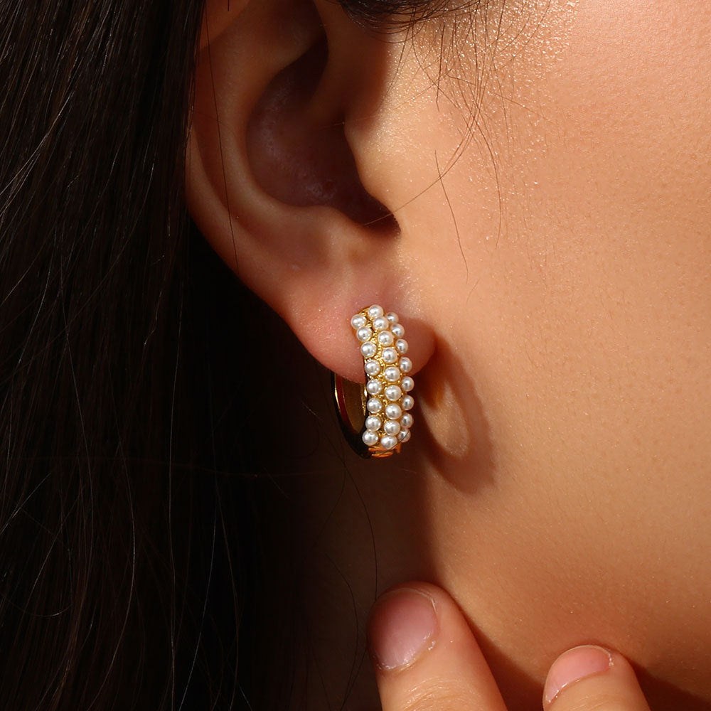 Pendientes de aro redondos geométricos con perlas, de lujo minimalista, de acero inoxidable chapado en oro de 18 quilates para mujer