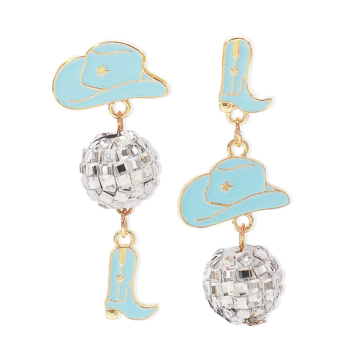 Sweet-Edgy Asymmetrical Oil-Dripped Cowboy Western Style Earrings with Hat and Boot Motifs and Ball Accents in Alloy