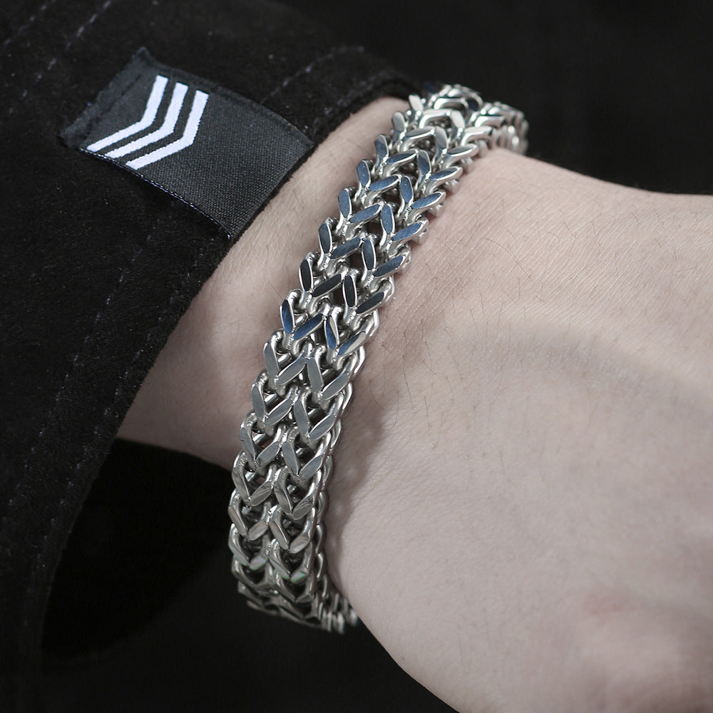 Men's Stainless Steel Plated Round Geometric Woven Double Row Dragon Bone Magnetic Clasp Bracelet
