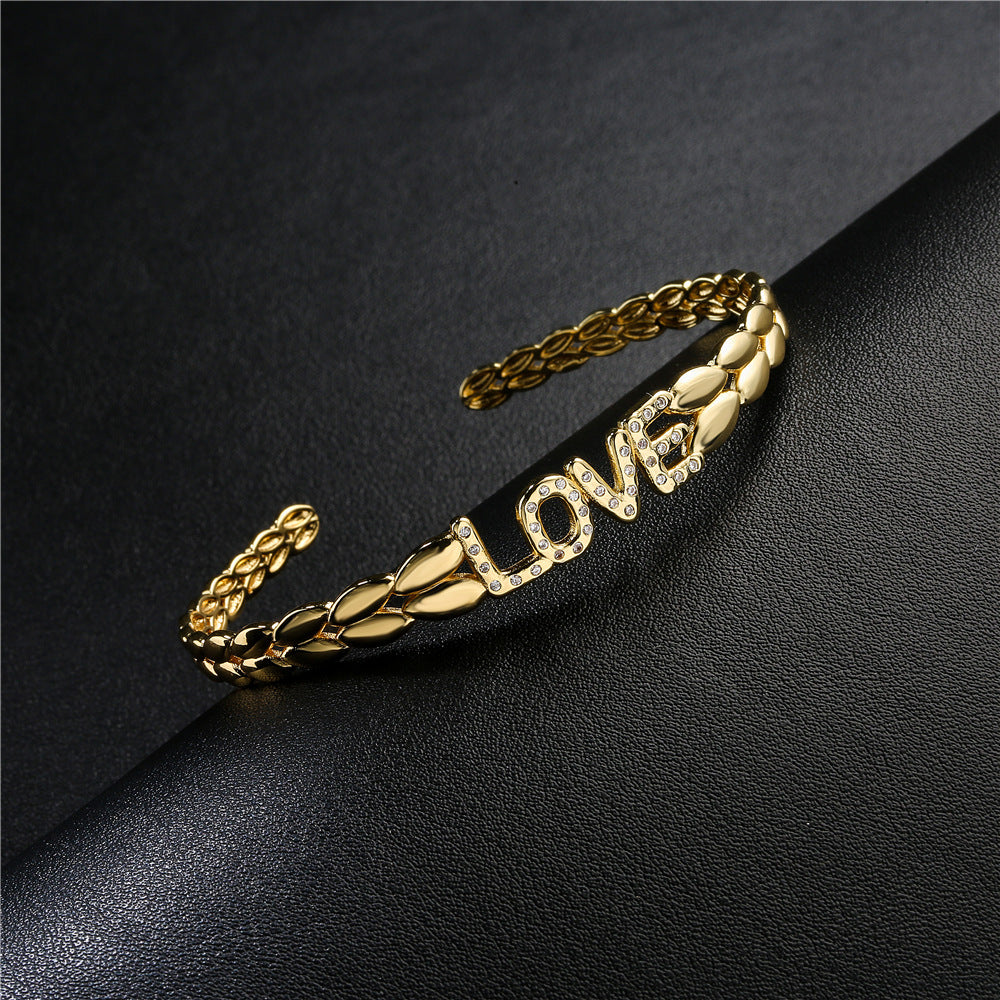 Minimalist Gold Plated Brass Micro-Inlaid Cubic Zirconia LOVE Letter Cuff Bracelet for Women
