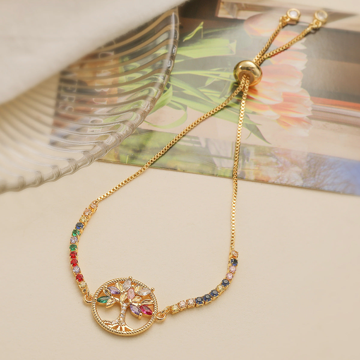 Fashionable Minimalist Life Tree Geometric Bracelet for Women in Copper with 18K Gold Plating and Color Zircon Inlay