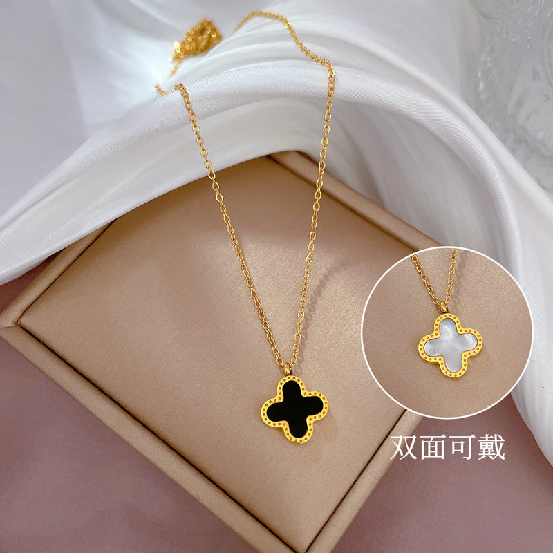Floral Geometric Titanium Steel Collar Chain Necklace for Women with Mother-of-Pearl and Gold Plating
