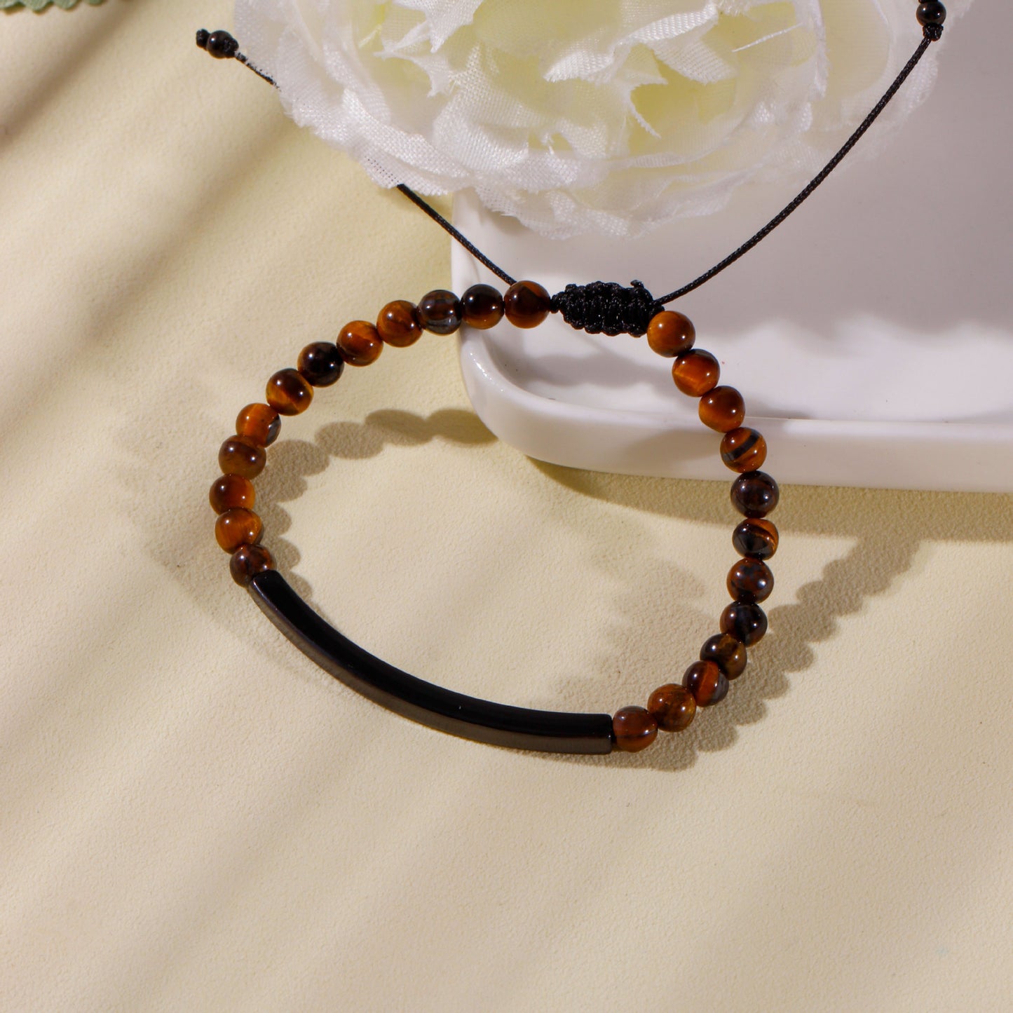Fashionable Geometric Tiger Eye Beaded Bracelet with Stainless Steel Clasp Adjustable Handmade Braided Cord for Women